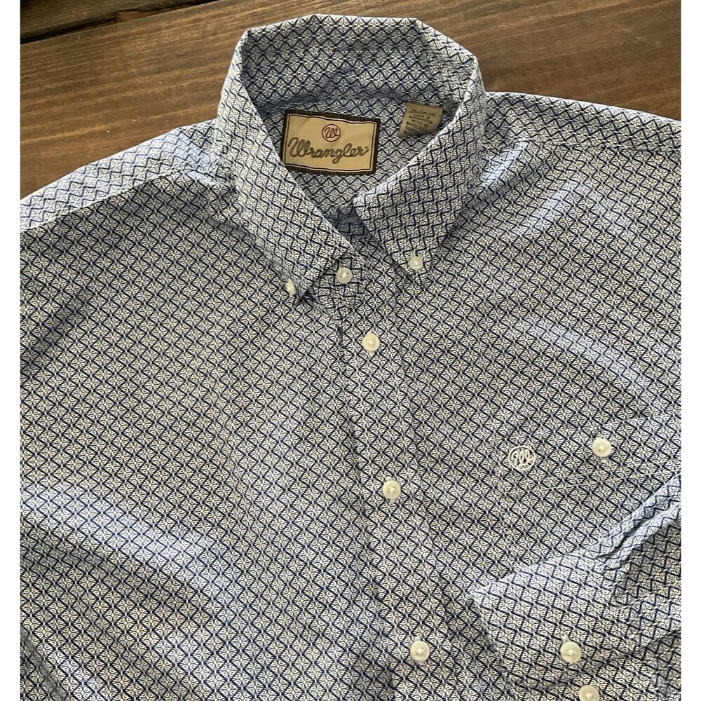Wrangler Shirt Mens XL Blue Geometric Long Sleeve Button Down Western Cowboy